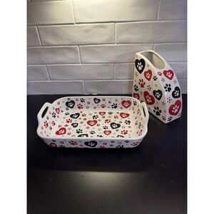 Temp-tations Pawfetti 4 Quart Dish & Utensil  Bakeware Dog Cat Paw Prints Hearts